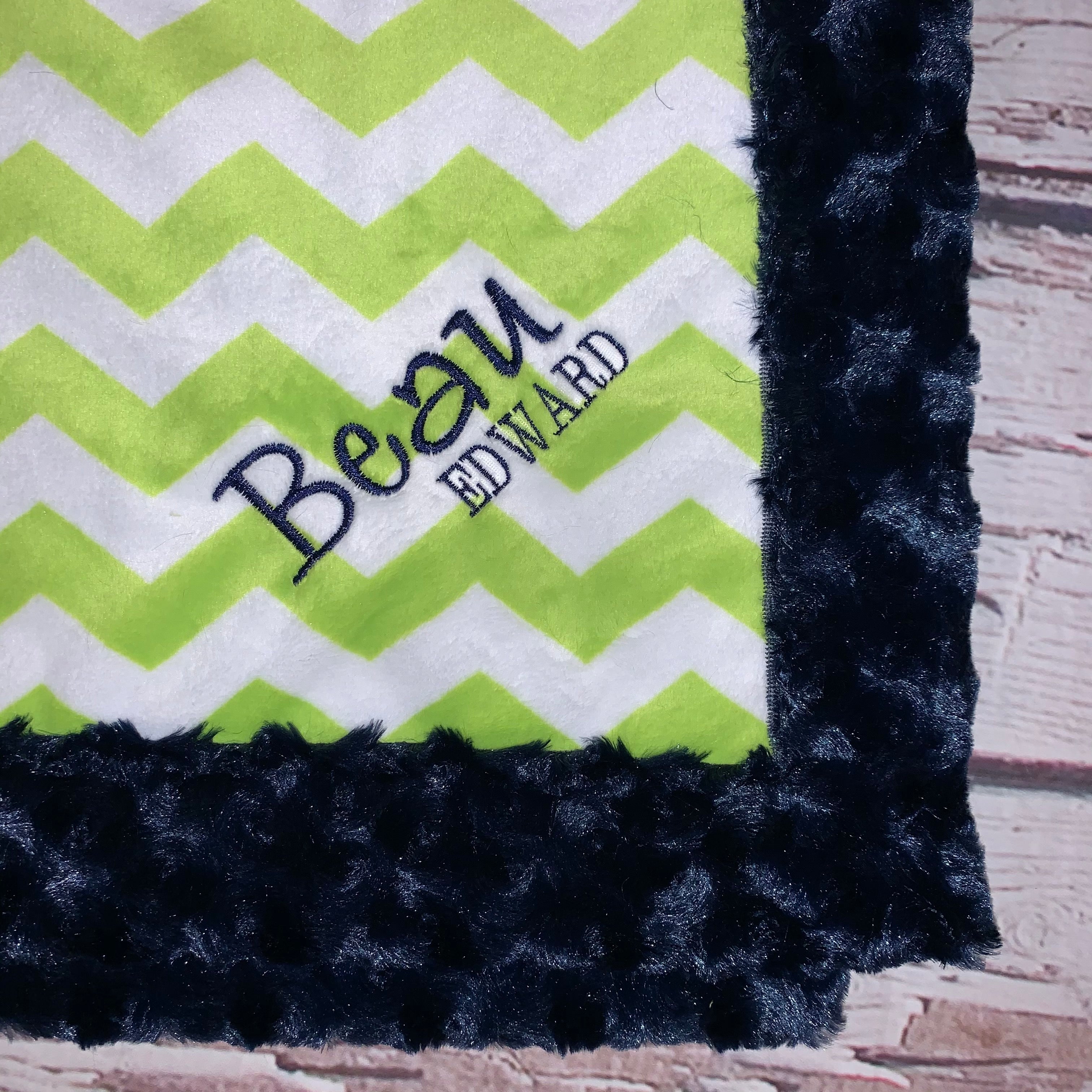 Mimi's Classic Blanket - Green Chevron & Navy Plush