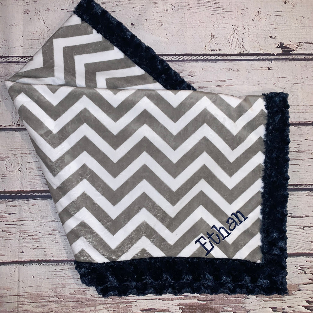 Mimi's Classic Blanket - Gray Chevron & Navy Plush