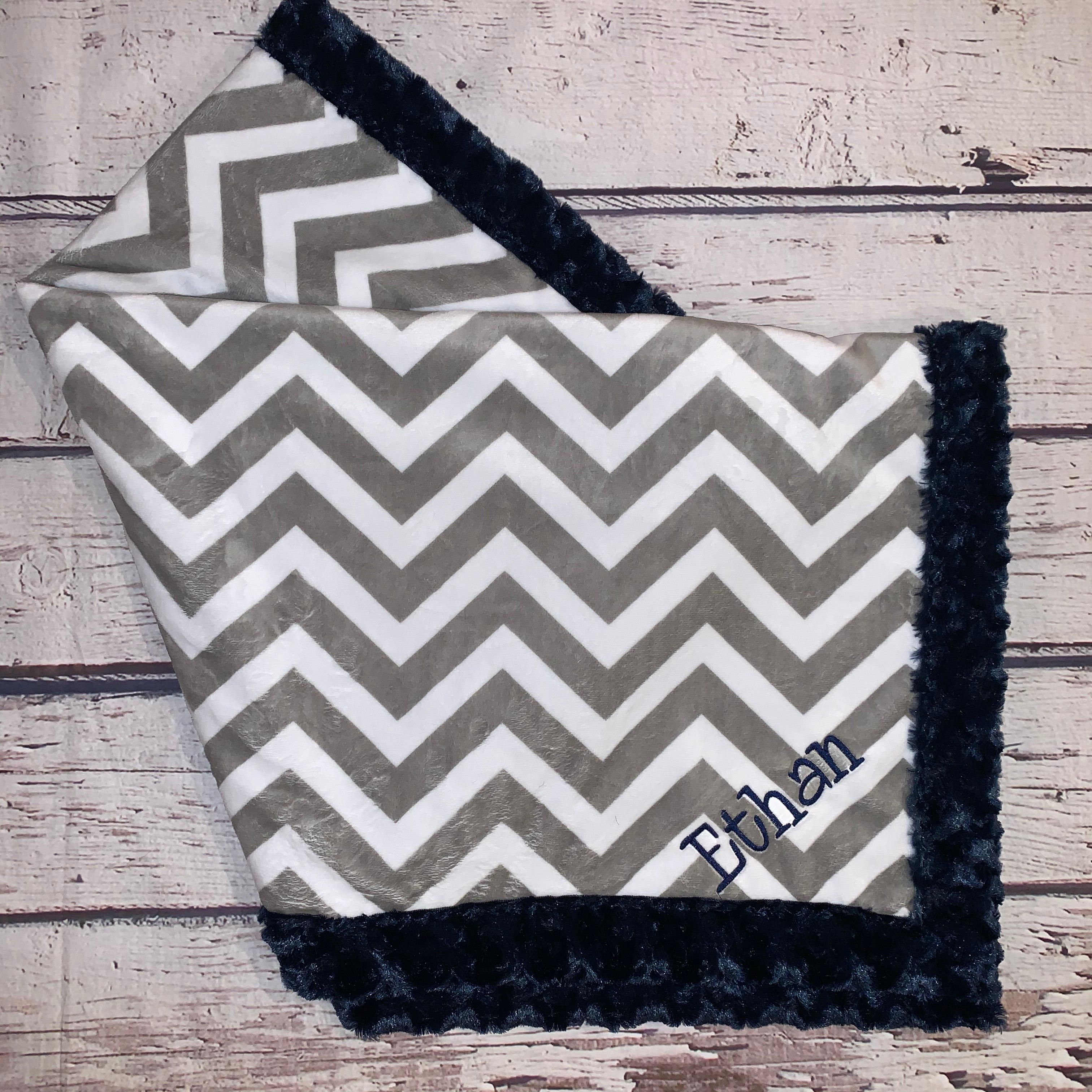 Mimi's Classic Blanket - Gray Chevron & Navy Plush