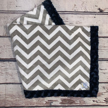 Load image into Gallery viewer, Mimi&#39;s Classic Blanket - Gray Chevron &amp; Navy Plush
